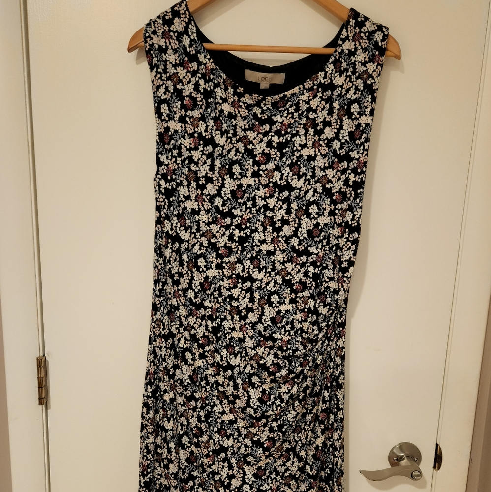 Woman's LOFT floral dress, Size Large, black dress with pink, orange, cream